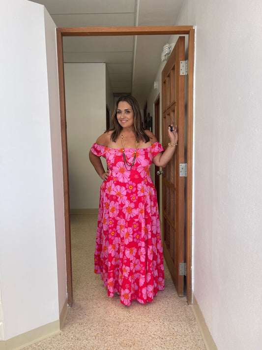 Coral Floral midi dress