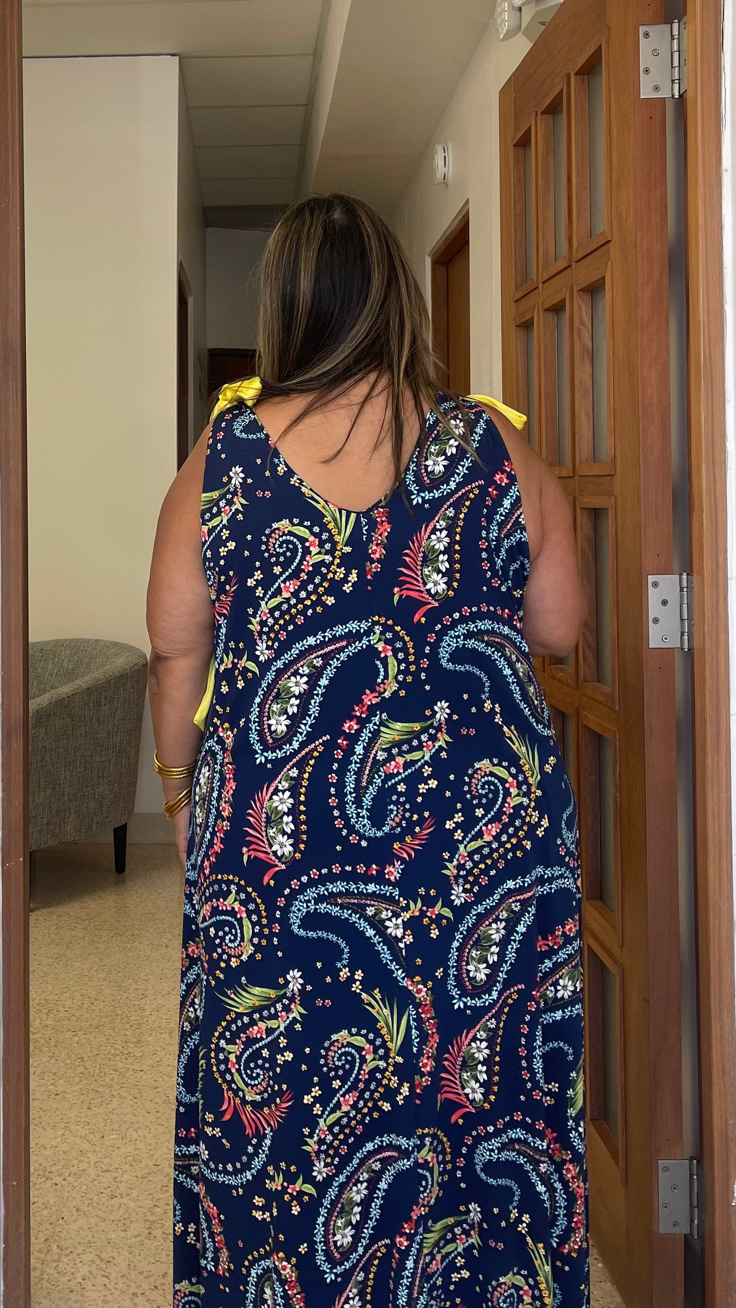 Claudia’s Maxi Dress, with yellow ribbon